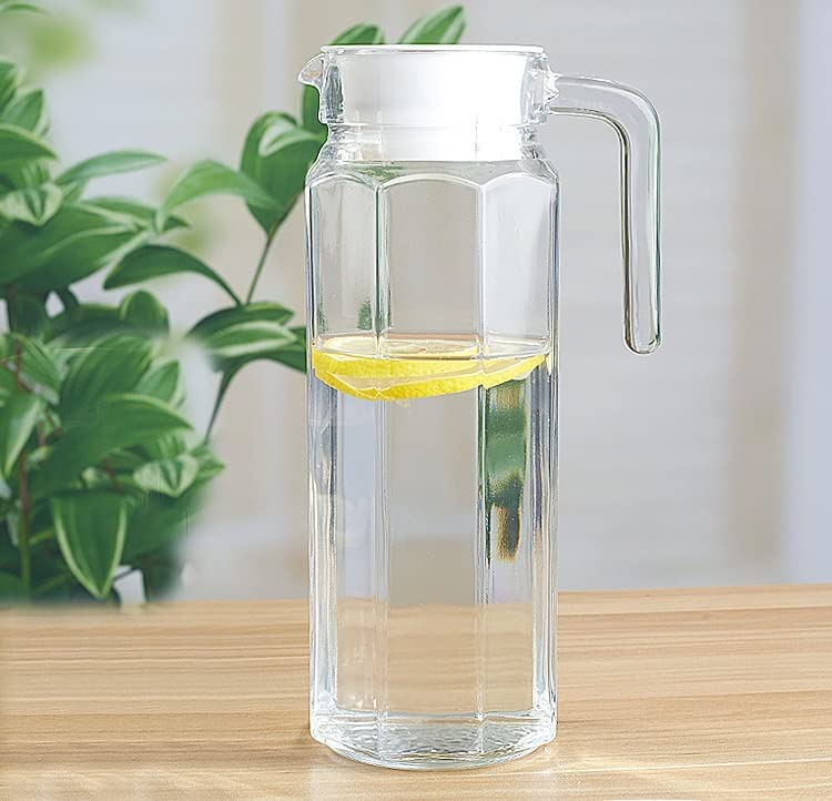 Image of NeWine Premium 1.1 Liter Glass Water Jug with Airtight Lid & Handle | 1100ML Transparent Beverage Carafe for Home Office Etc | Pitcher for Serve Juice Milk Beverage Chaas Cocktail (Octagonal)