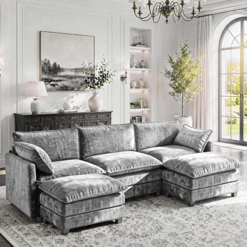 Image of 112 inch U-Shape Modular Sofa with 2 Ottomans, Deep Seat Cloud Convertible Sleeper, 2 Arm Pillows, Cozy Upholstered Furniture for Living Room Apartment, Dark Grey