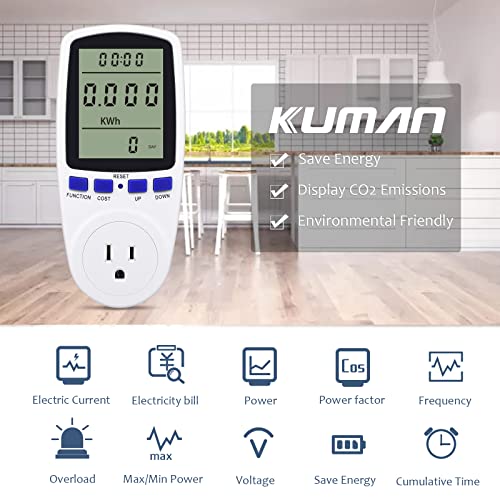 Kuman Kw47-Us Electricity Usage Monitor Plug Power Watt Voltage Amps Meter With Digital Lcd, Overload Protection And 7 Display Modes For Energy Saving (No-Backlight), White #TOP1