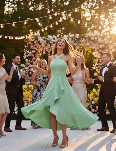 Image of Bbonlinedress Halter Cocktail Women Dresses Prom Formal Wedding Guest Bridesmaid Ruffled Maxi Hi-Lo Evening Party 2026 Dress