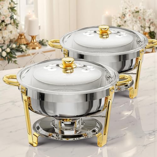 SOUNDCOUS Chafing Dishes for Buffet 2 Pack6QT Round Stainless Steel Chafing Dish Set for Home Parties Christmas Gatherings Catering Events Complete Buffet Warmer Set.