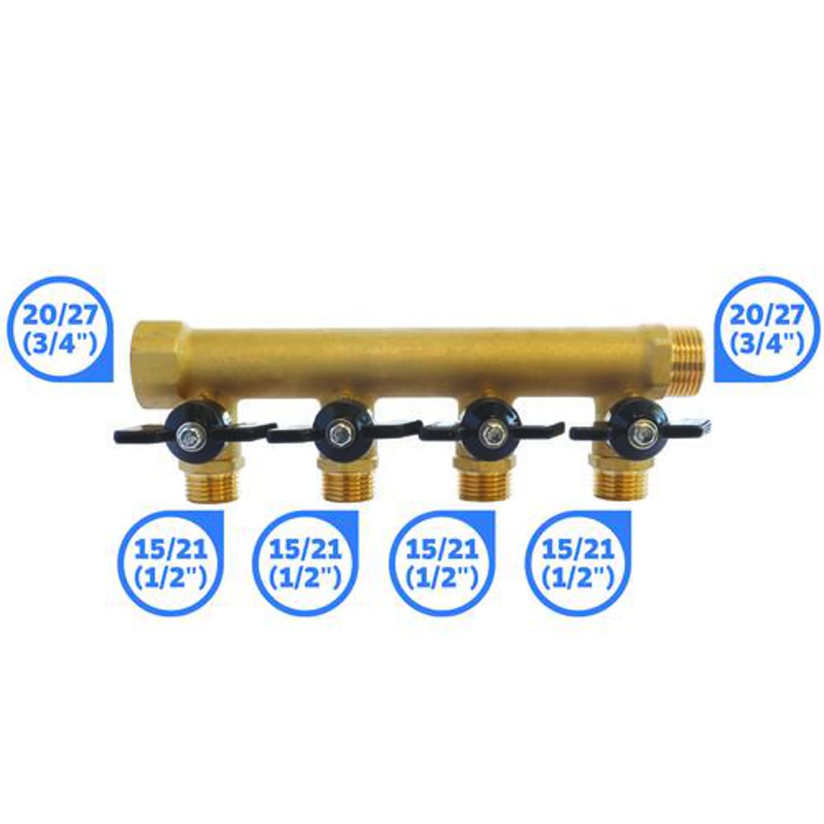 SOMATHERM FOR YOU, Collecteur laiton 4 départs Mâle 15/21 avec mini-vannes 1/4 de tour, entrée Femelle 20/27, sortie Mâle 20/27, idéal pour installations sanitaires et chauffage