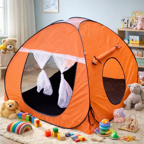 Image of Foldable Play Tent House Big SizelPop-Up Indoor & Outdoor Playhouse for Girls Boys| Multi Purpose Tent House for Kids Boys 3 to 10 Years with Fun Patterns Easy Setup & Portable (Orange)
