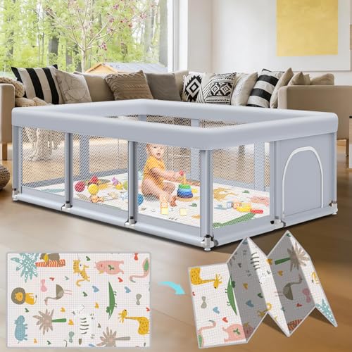 Image of Fshibila 74" ×50" Large Baby Playpen, Baby Playard for Babies and Toddlers, Play Pens for Indoor & Outdoor, Sturdy Safety Play Yard with Soft Breathable Mesh, Anti-Fall, Grey (with MAT)