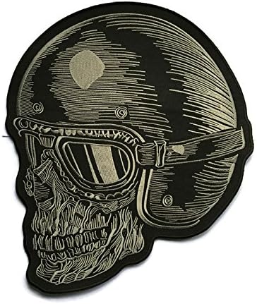 Really Rare!! Super Large Punk Fashion Cloth Attached Adhesive Motorhead Iron On/sew on Large Size Appliques Patches Badge Skull Bone Head w/ Helmet Over 80% Embroidered Biker Jacket by Indy Patch