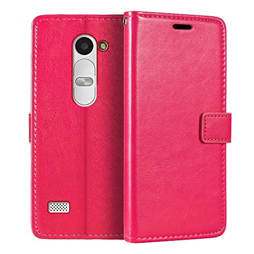 Shantime Leather Case Compatible with LG Leon LTE, Business Design Magnetic Flip Cover with 3 Card Slots, Photo Frame, and Hidden Wallet(Rose Red)