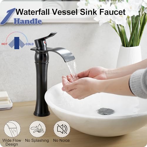 HOIGY Vessel Sink Faucet Oil Rubbed Bronze, Brass Tall Bathroom Faucet Waterfall 1 Hole, Bathroom Faucets Single Handle Bathroom Sink Faucet Bronze with Pop-Up Drain & Water Hoses for Farmhouse by HOIGY - Used condition - Image 2