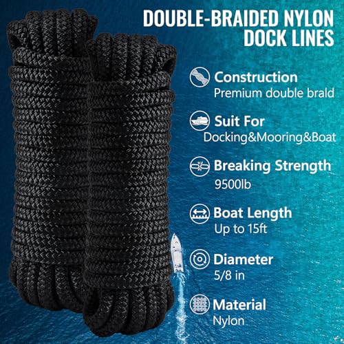 Image of 4 Pack 5 /8 inch x 15' Boat Dock Lines, Improved Double Braided Nylon Boat Ropes for Docking with 15 inch Loop, Hurricane-Resistant Grade Marine Rope for Sailboats,Pontoons,Fishing Boats, Black