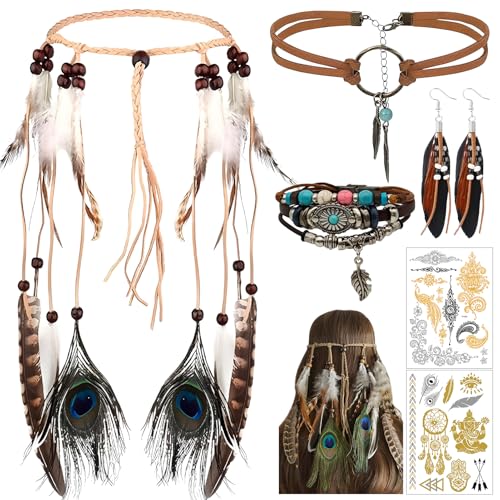 Set di 6 copricapo indiano vintage, stile boho, hippie indiano, con piuma, in pelle, per donne e carnevale, cosplay, tribali