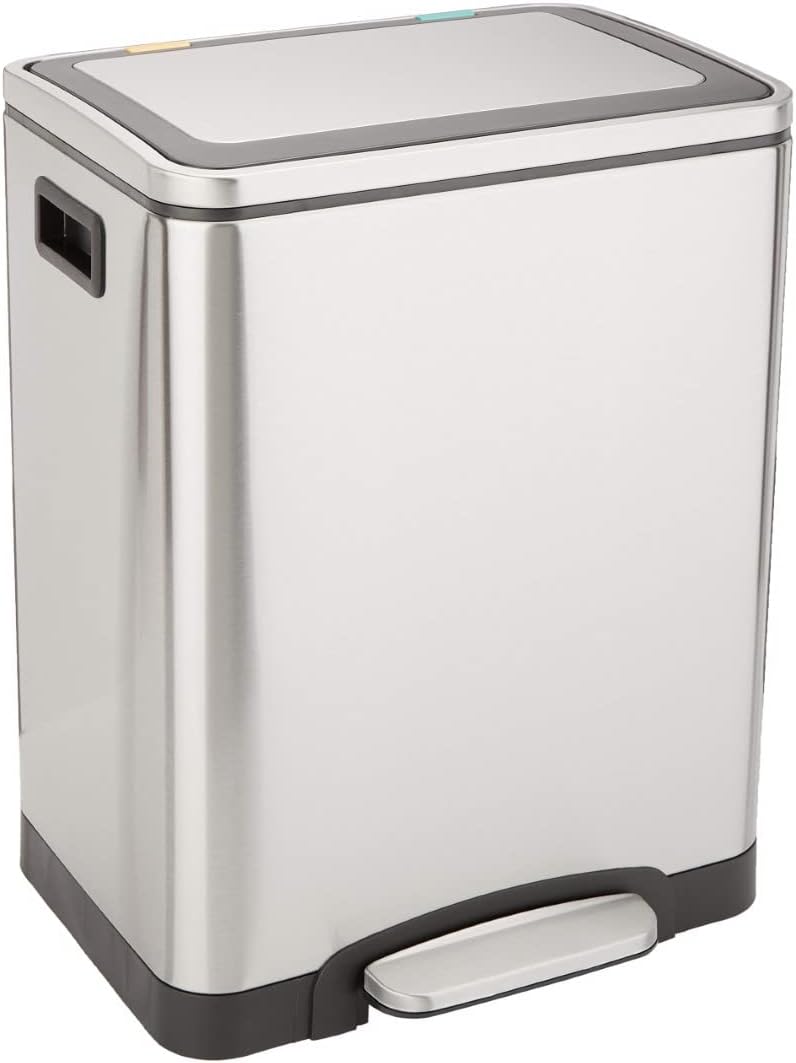 Amazon Basics 30L Dual Bin Soft-Close Rectangular Trash can with Foot Pedal - 2 x 15 litre Bins, Stainless Steel, for 1 or 2 people use