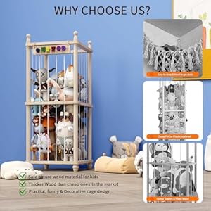 Stuffed Animal Storage Wood Toy Storage Organizer Upgraded Design from Bean Bag Stuffed Animal Hammock Plushie Net Large Toy Chest Stuffed animal holder for Kids Nursery Playroom Bedroom L