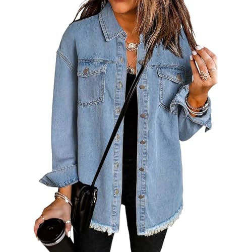 RJDJ Women's Casual Denim Button Down Distressed Jacket, New Washed Denim Shirt Jacket for Women 2025, Fall Denim Jackets