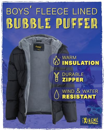  Winter Jacket for Boys - Fleece-Lined Bubble Puffer with Water Repellent Finish and Ski Hat