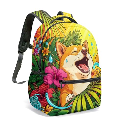 Mochila Happy Shiba Inu com estampa floral de 40,6 cm vibrante bolsa gráfica de jardim para viagens diárias e trabalho, 02, Large