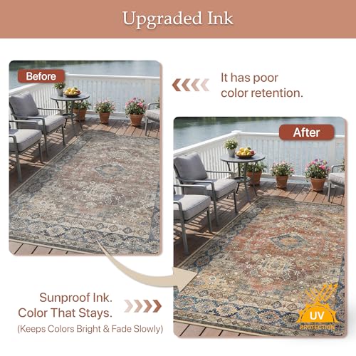 GENIMO Outdoor & Indoor Area Rug 5'x8', Waterproof, Non-Shedding, Easy Cleaning, Boho Mat for Patio, Living Room, Balcony, Dining Room, RV, Deck, Bedroom, Camping, Outside Carpet,Antique Red by GENIMO - Used condition - Image 4