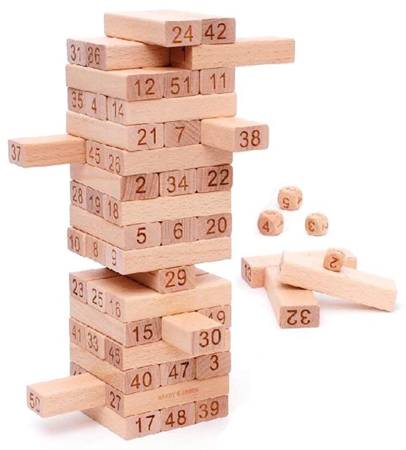 HARRY & JAMES Wooden Building Blocks Puzzle Game 54 Pcs Challenging 4pcs Dice Wooden Blocks Stacking Game Maths,Tumbling Tower 54 Pcs with 4 Dices Game for Adults & Kids.-image-35