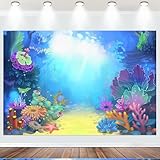 Fabric 5x3ft Ocean Theme Birthday Backdrop Under The Sea Little Mermaid Decoration Background Cartoon Coral Reefs Seabed Tropical Underwater Baby Shower Party Cake Table Banner Supplies