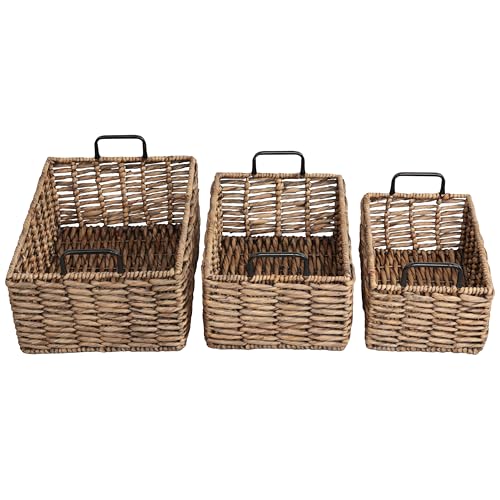 Panier de rangement gigogne en jacinthe d'eau tissé main marron x3