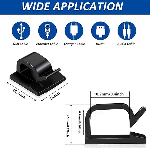 Miniatura 2 de 150 clips adhesivos para cables negros, organizador de cables para exteriores, organizador de cables para debajo del escritorio, automóvil, pared,