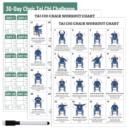 YGEINIT Tai Chi Chair Workout Chart - 2Pcs Seated Exercises Poster and 30-Day Challenge Chart for Beginners & Seniors Laminated Wall Prints for Living Room Bedroom Home Gym 16.5x11.2 Inch