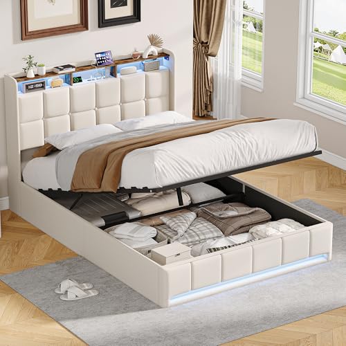 DADEA Cama Tapizada 140x200 con Almacenaje, Camas Matrimoniales con LED USB, Cama Acolchada con CanapeCama Doble Matrimonio ModernaCama Canape 140x200 con Cabecero Canape con Cabecero, Sin colchón