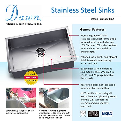 Dawn Bs121307 Undermount Single Bowl Bar Sink, Polished Satin #TOP4