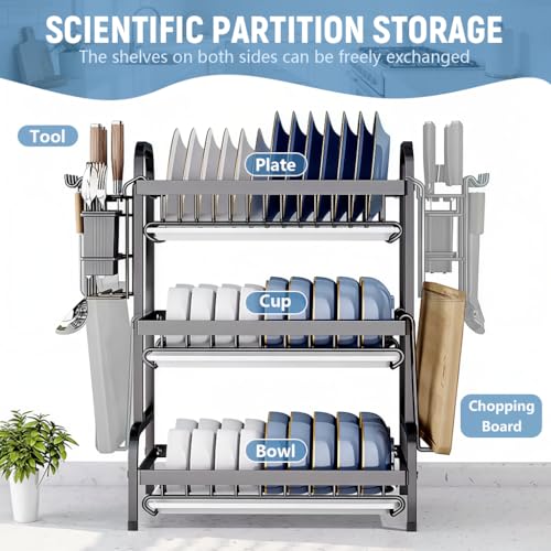 Image of HASTHIP BrandName 3-Tier Kitchen Dish Drying Rack with Utensils Organizer Stand and 3 Removable Drip Trays, Metal Wire Kitchen Counter Dish Rack with Cutlery Holder, Chop Board Holder & Hooks,