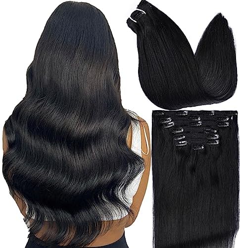 DIYOMO Remy Hair Extensions Clip in Human Hair Soft & Natural Black Hair Clips for Women 120g 7pcs Clip on Hair Extensions Human Hair Straight&Long Invisible Real Human Hair (24 Inch, Jet black)