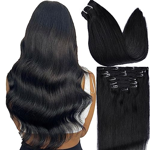 Diyomo Remy Hair Extensions Clip In Human Hair Soft & Natural Black Hair Clips For Women 120G 7Pcs Clip On Hair Extensions Human Hair Straight&Long Invisible Real Human Hair (24 Inch, Jet Black) #TOP3