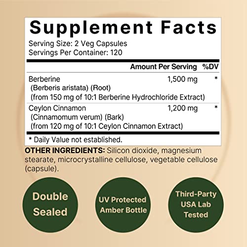 Berberine Supplement 1500Mg, 240 Veggie Capsules | Plus 1200Mg True Ceylon Cinnamon, 97% Berberine Hcl, Plant-Based, Vegan, Non-Gmo, Gluten Free – Healthy Glucose Metabolism & Immune Support #TOP1
