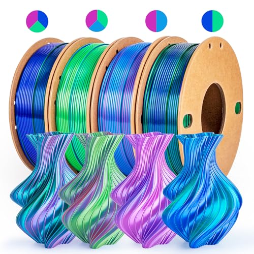 Image of Silk PLA+ Pro 1.75mm 3D Printer Filament - 4 Spool Multi-Color Bundle (250gx4) with Rose Red /Sky Blue /Green /Dark Blue- Tri-Color & Dual-Color Shine Vibrant Filament, Total 1KG