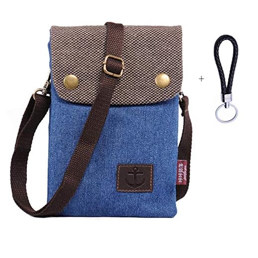 Canvas mobilväska mini universell påse iPhone 11 Pro XR 8 7 Plus handväska små kvinnor crossbody axelväska dam handväska med handledsrem + Hengwin nyckelring (blå)