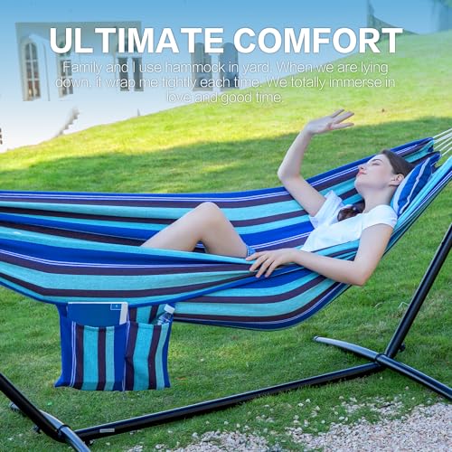 Image of PNAEUT Double Hammocks with Stand for Outside, Portable Space Saving Heavy-Duty Steel Stand for Indoor Outdoor Patio with Carrying Bag, 450 lbs Capacity (Blue Lagoon)