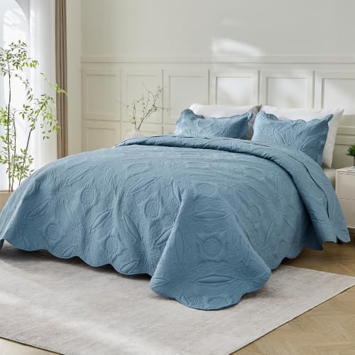 Image of Kingnex Oversized King Bedspreads 128x120 for Extra Wide Tall King or Cal King Bed Ultrasonic Quilted Coverlet Set 3 Piece Include 1 Quilt 2 Pillowcases Dusty Blue