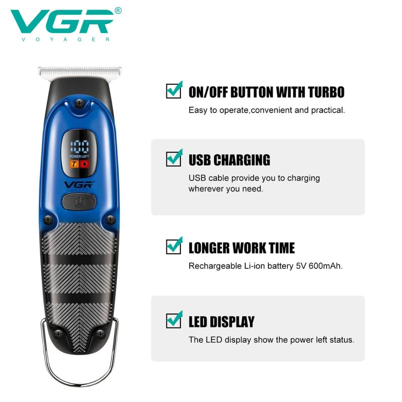 Image of VGR V-981 Professional Digital Display with Turbo function Rechargeable cordless Pro Self Haircut Hair Clipper Beard trimmer Hanging Loop Stainless steel Blades USB Charging cable 3 Guide Comb, Blue