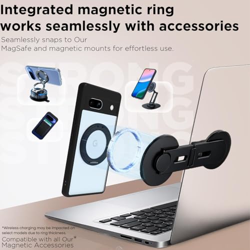 Image of RIGGEAR Shockproof Sleek Hybrid Armor 360 Rotating Magnetic Ring Stand Back Cover Case Compatible with MagSafe Accessories for Google Pixel 7A (Clear PC + Black TPU Bumper)