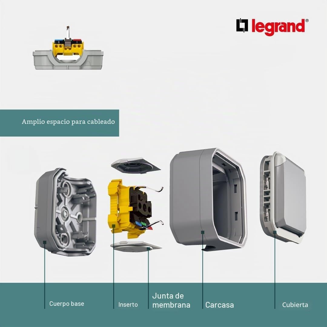 LEGRAND, Plexo New 069743L - Enchufe de 3 enchufes para ambientes húmedos, estándar Schuko, incluye tapa abatible, protección táctil, terminales precableados, horizontal, IP44 - IK07, color gris