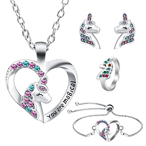 OSDUE Einhorn Schmuckset Mädchen, Einhorn Kinderschmuck Enthalten Halskette, Ringe, Armbänder, Ohrring, Schmuck Set für Party Geschenk (5 Stück)