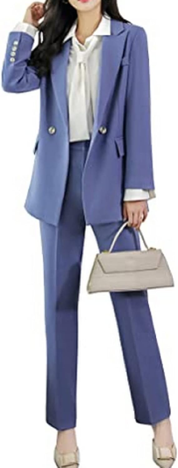 Women's Business Blazer Pant Outfit 2 Piece Casual Solid Slim Fit Office Lady Suit for for Work