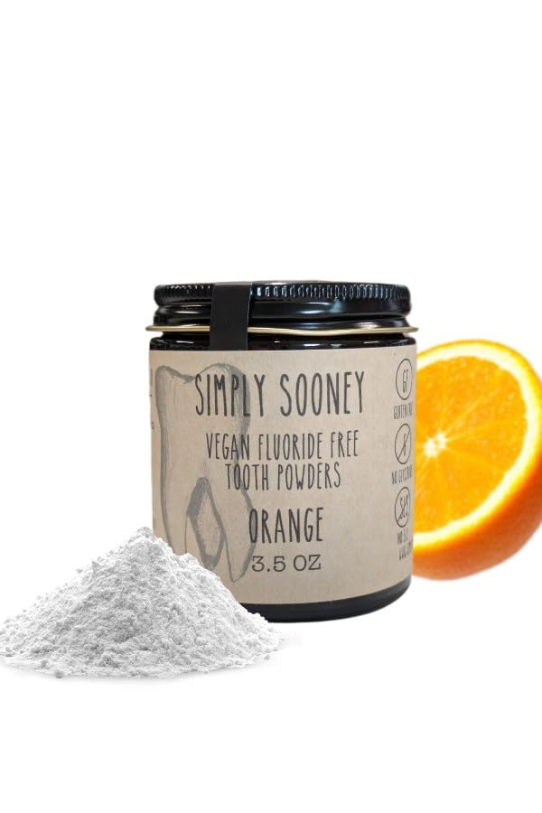 Simply Sooney Glass Jar Vegan Fluoride Free Remineralizing Tooth Powder Kid Safe Orange I Organic Ingredients