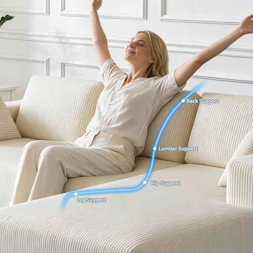 Image of 106 inch Corduroy Sectional Couch, Boneless L Shaped Couch with Deep Seat, Cloud Foam Sofa with Oversized Chaise, Sectional Sofa No Assembly Needed for Living Room