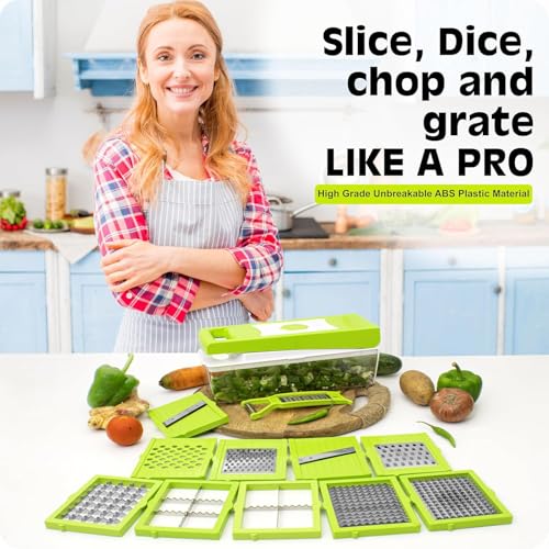 Image of Tekcool 12 in 1 Multipurpose Chopper, Fruits & Vegetable Cutters, Grater Peeler Chipser, Unbreakable Food Grade Body, Easy Push to Clean Button Slicer Dicer, Chopper for Kitchen (Green, Plastic)
