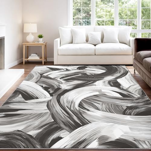 Nowoczesny abstrakcyjny dywan o wymiarach 160 x 230 cm, antypoślizgowy, zmywalny, awangardowy, wytrzymały, płynący kształt, odporny na pociągnięcia pędzla, do salonu, sypialni