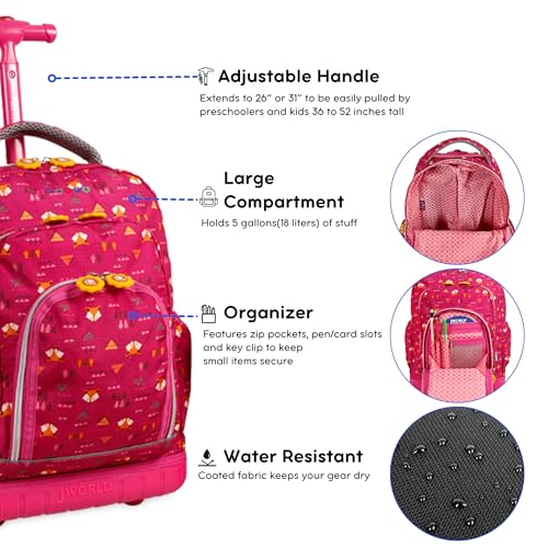 Image of J World Lollipop Kids Rolling Backpack & Lunch Bag Set for Elementary School. Carry-On Suitcase with Wheels, Fox