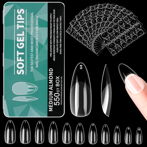 Alyvisun 550 Piezas Uñas Postizas Transparentes, 11 Tamaños Tips Uñas Falsa Con 240 Piezas Gel Uñas Pegatinas Kit, Artificial Puntas de Uñas Francesas con Caja para Mujeres Niñas Salones y DIY