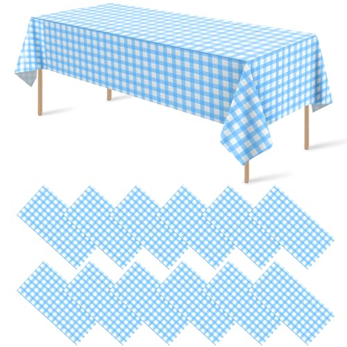 Image of 12Pack Light Blue and White Plastic Checkered Tablecloth, Premium Decorative Disposable Light Blue Gingham Plaid Tablecloth for Party, Rectangle Party Table Cover for Picnic Farm Birthday, 54x108 Inch