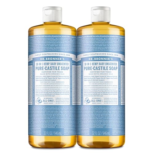 Image of Dr. Bronner's - Pure-Castile Liquid Soap (Baby Unscented, 32 ounce, 2-Pack) - Made with Organic Oils, 18-in-1 Uses: Face, Hair, Laundry and Dishes, For Sensitive Skin and Babies, No Added Fragrance