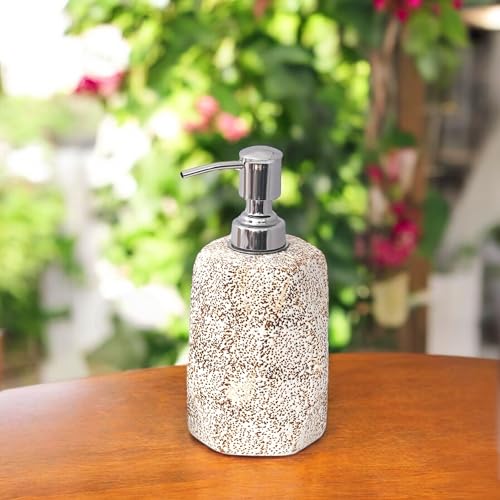 Image of Ceramic Soap Dispenser 330ml (Set of 1) | Multipurpose Lotion, Hand Wash & Liquid Soap Pump Bottle for Bathroom & Kitchen | White Brown Dotted Hexagon Design