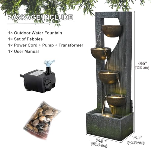 Sunlinua Garden Water Fountains Outdoor 5 Tiered Cascading Bowl Modern Waterfall Fountain with LED Lights, Natural Stones for Garden, Living Room, Patio, Yard Art Decor, 16.3" L * 10.8" W * 49.2" H