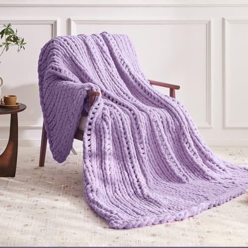 Negwoo Grobstrick-Überwurfdecke, 152,4 x 203,2 cm, Chenille-Garn für Bett, Couch, handgefertigt, hellviolett, gehäkelt, groß, dick… – Ansicht 2